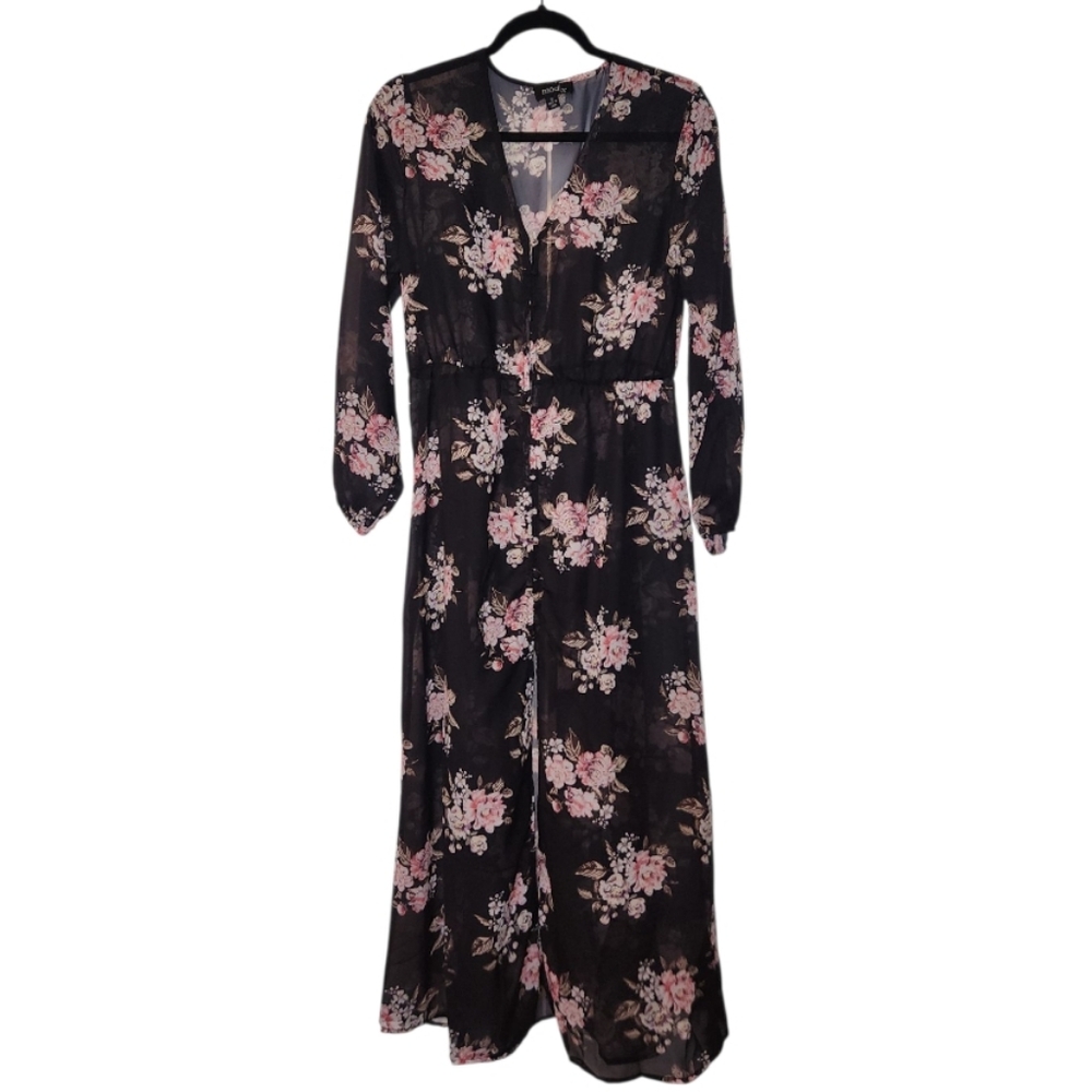 Sheer Button Down Floral Duster with Pink and White Flowers
